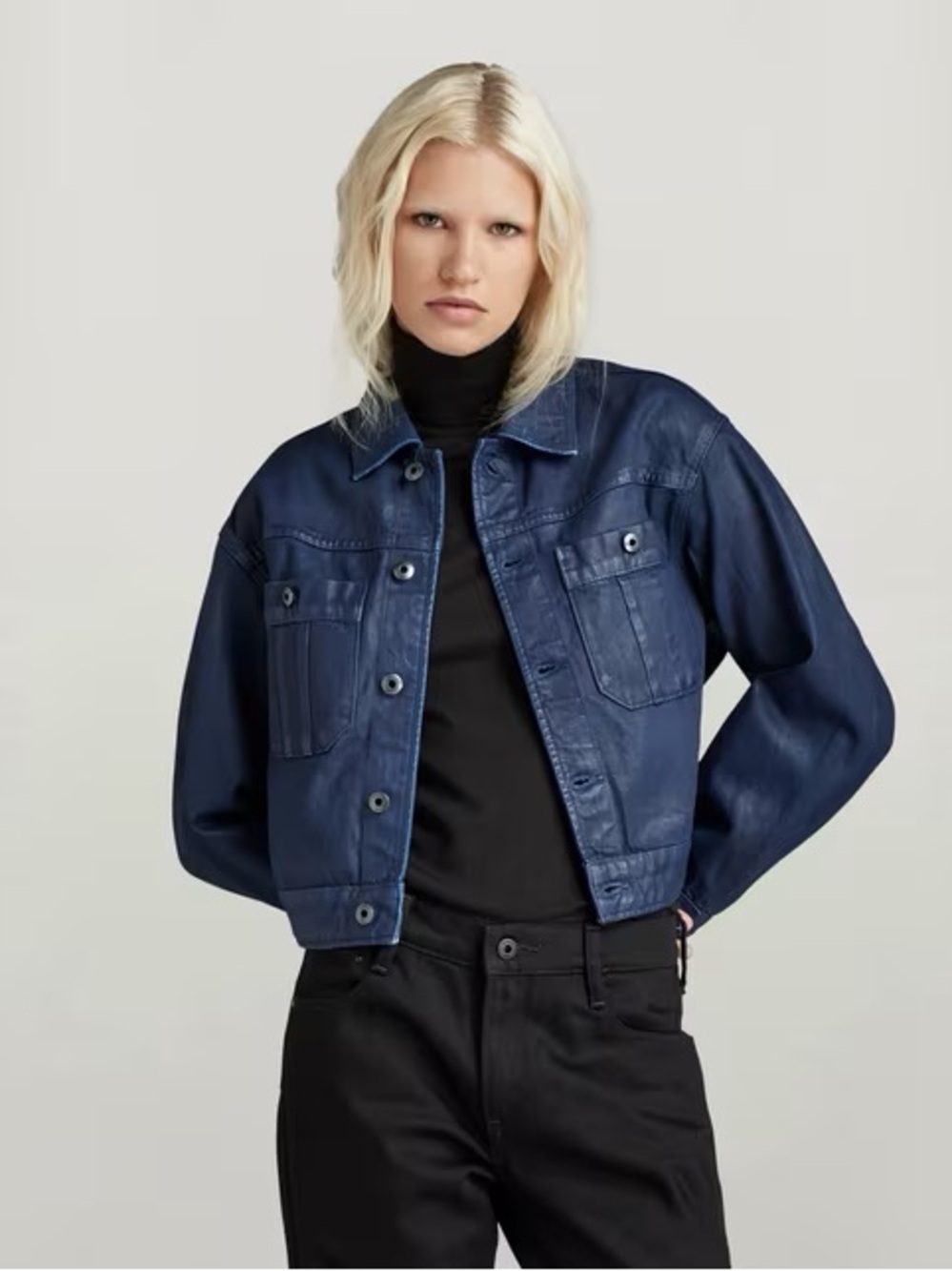G-Star Cropped Navy Blue Leather Jacket